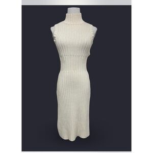 Vintage Cream Sleeveless Ribbed Knit Mock Neck, Fit & Flare Midi Sweater Dress